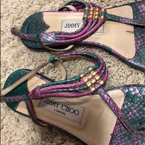JIMMY CHOO Pink and green snake print sandals - Picture 3 of 4